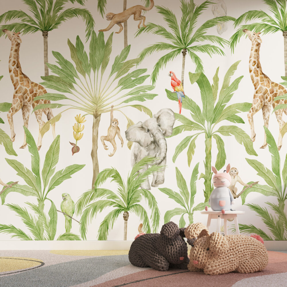 Safari Palms Wallpaper : Giraffe, Elephant and Monkey Pattern Mural