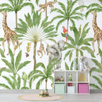 Safari Palms Wallpaper : Giraffe, Elephant and Monkey Pattern Mural - View 2