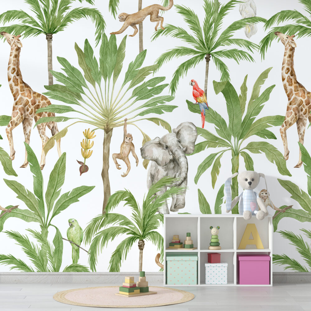 Safari Palms Wallpaper : Giraffe, Elephant and Monkey Pattern Mural - View 2