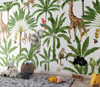 Safari Palms Wallpaper : Giraffe, Elephant and Monkey Pattern Mural - View 3