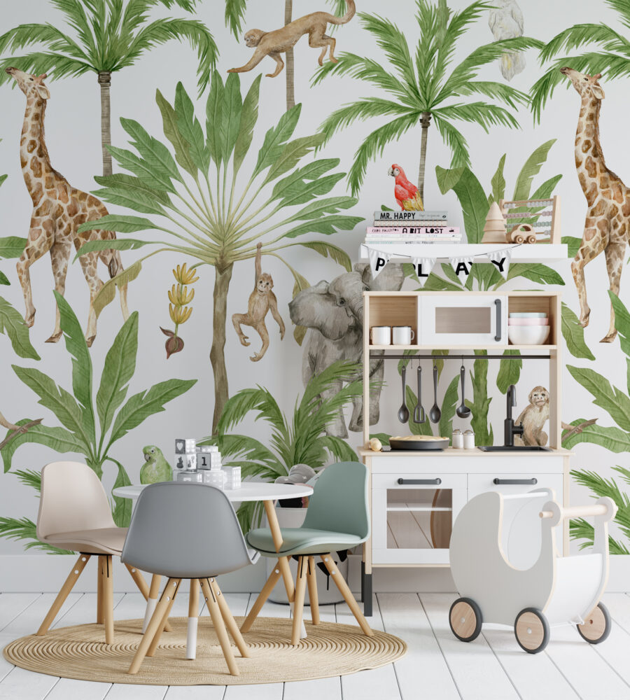 Safari Palms Wallpaper : Giraffe, Elephant and Monkey Pattern Mural - View 4