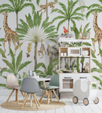 Safari Palms Wallpaper : Giraffe, Elephant and Monkey Pattern Mural - View 4