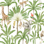 Safari Palms Wallpaper : Giraffe, Elephant and Monkey Pattern Mural - flat design