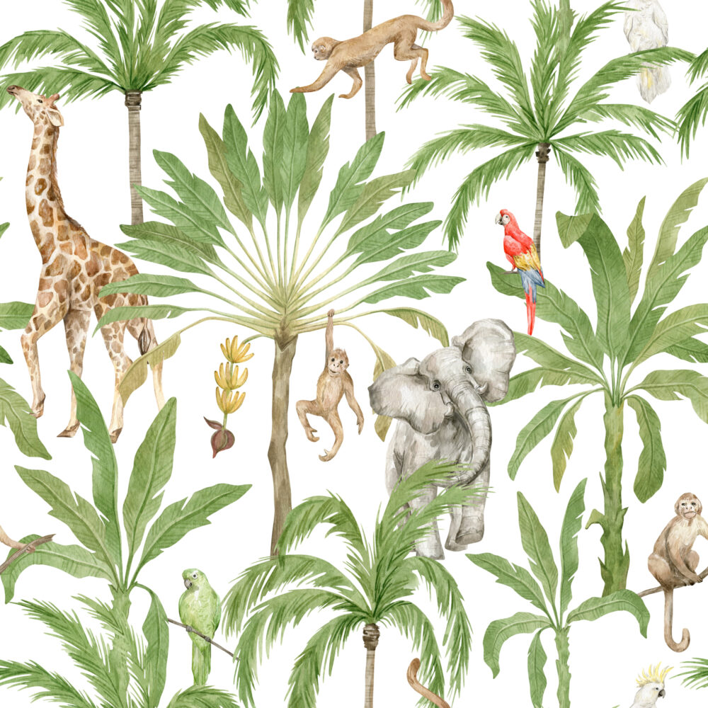 Safari Palms Wallpaper : Giraffe, Elephant and Monkey Pattern Mural - flat design