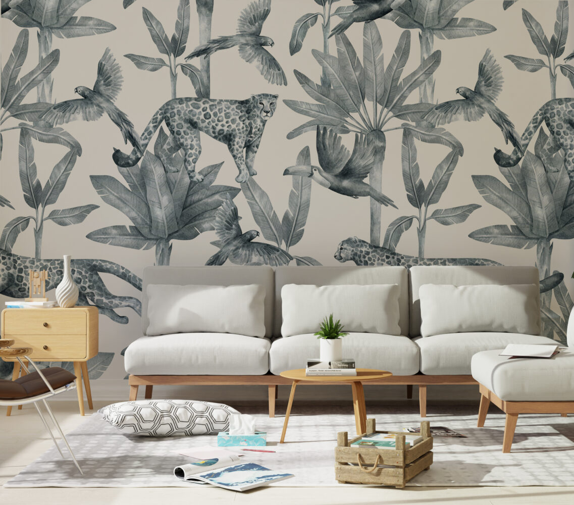Blue Jungle Leopard Wallpaper : Monochrome Tropical Pattern Mural - View 2