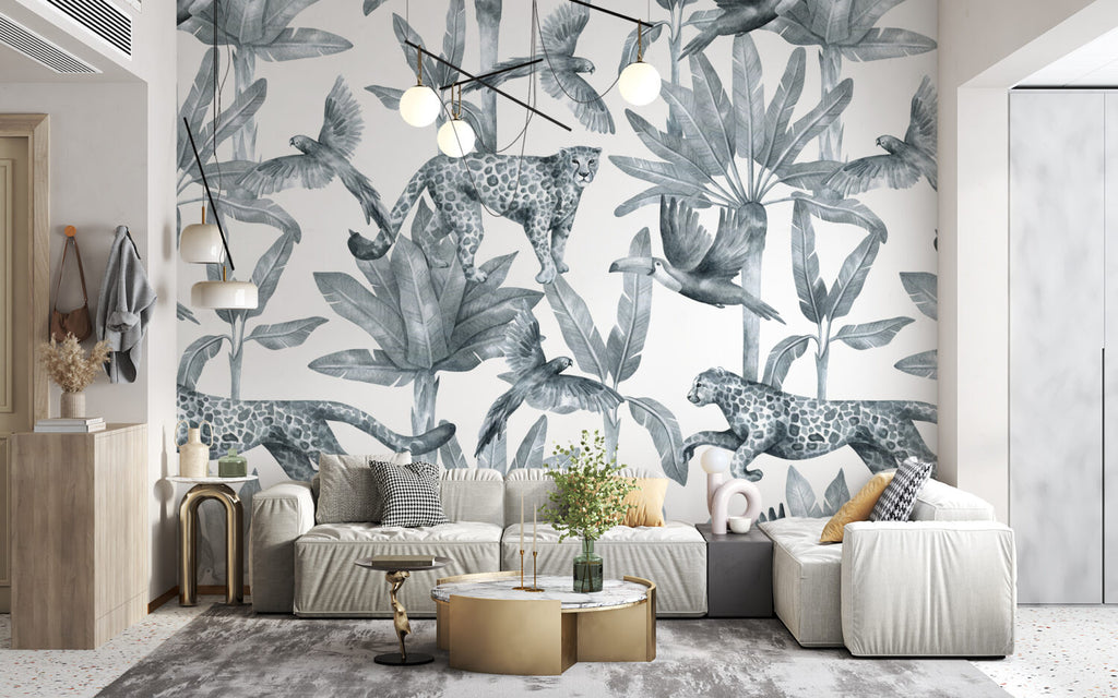Blue Jungle Leopard Wallpaper : Monochrome Tropical Pattern Mural