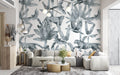 Blue Jungle Leopard Wallpaper : Monochrome Tropical Pattern Mural