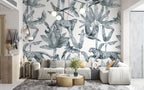 Blue Jungle Leopard Wallpaper : Monochrome Tropical Pattern Mural