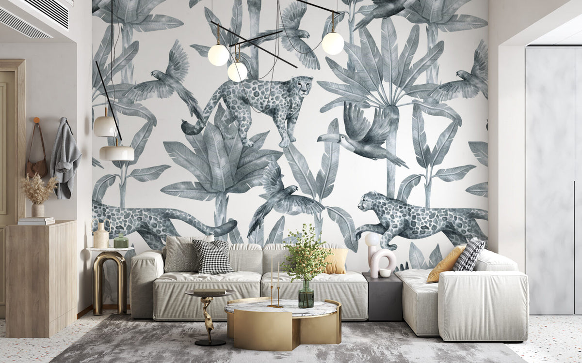 Blue Jungle Leopard Wallpaper : Monochrome Tropical Pattern Mural