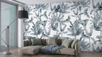 Blue Jungle Leopard Wallpaper : Monochrome Tropical Pattern Mural - View 3