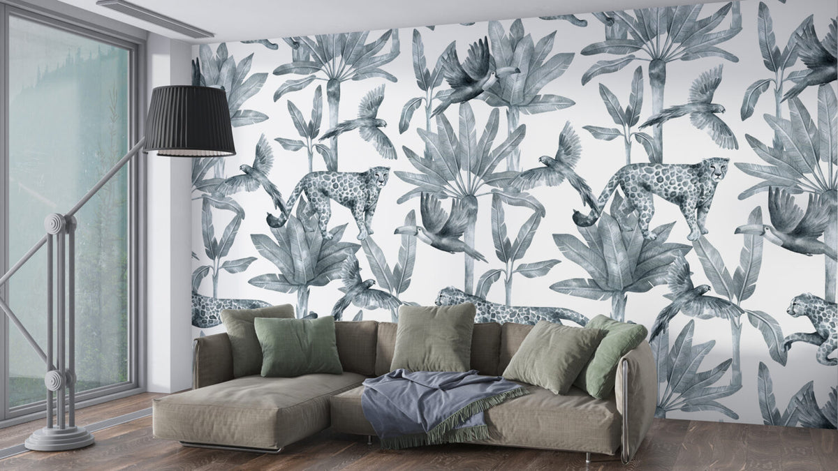 Blue Jungle Leopard Wallpaper : Monochrome Tropical Pattern Mural - View 3