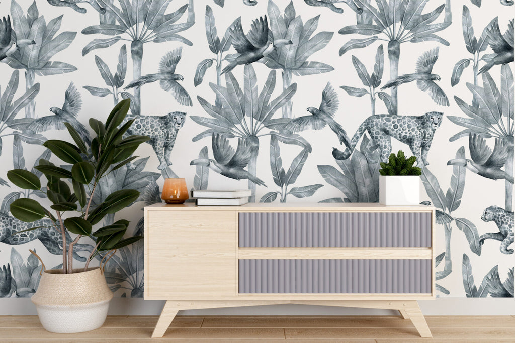 Blue Jungle Leopard Wallpaper : Monochrome Tropical Pattern Mural - View 4