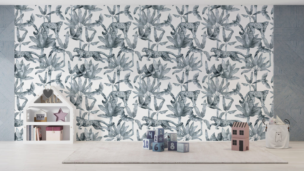 Blue Jungle Leopard Wallpaper : Monochrome Tropical Pattern Mural - View 5