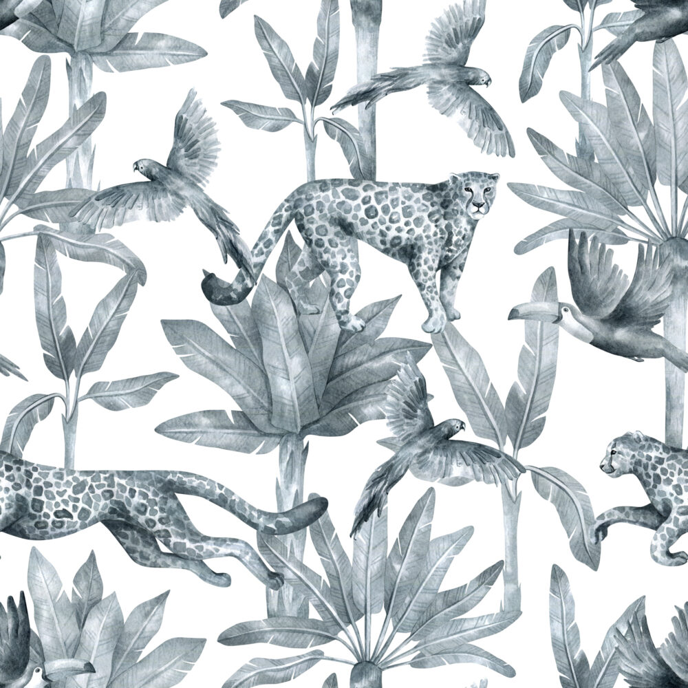 Blue Jungle Leopard Wallpaper : Monochrome Tropical Pattern Mural - flat design