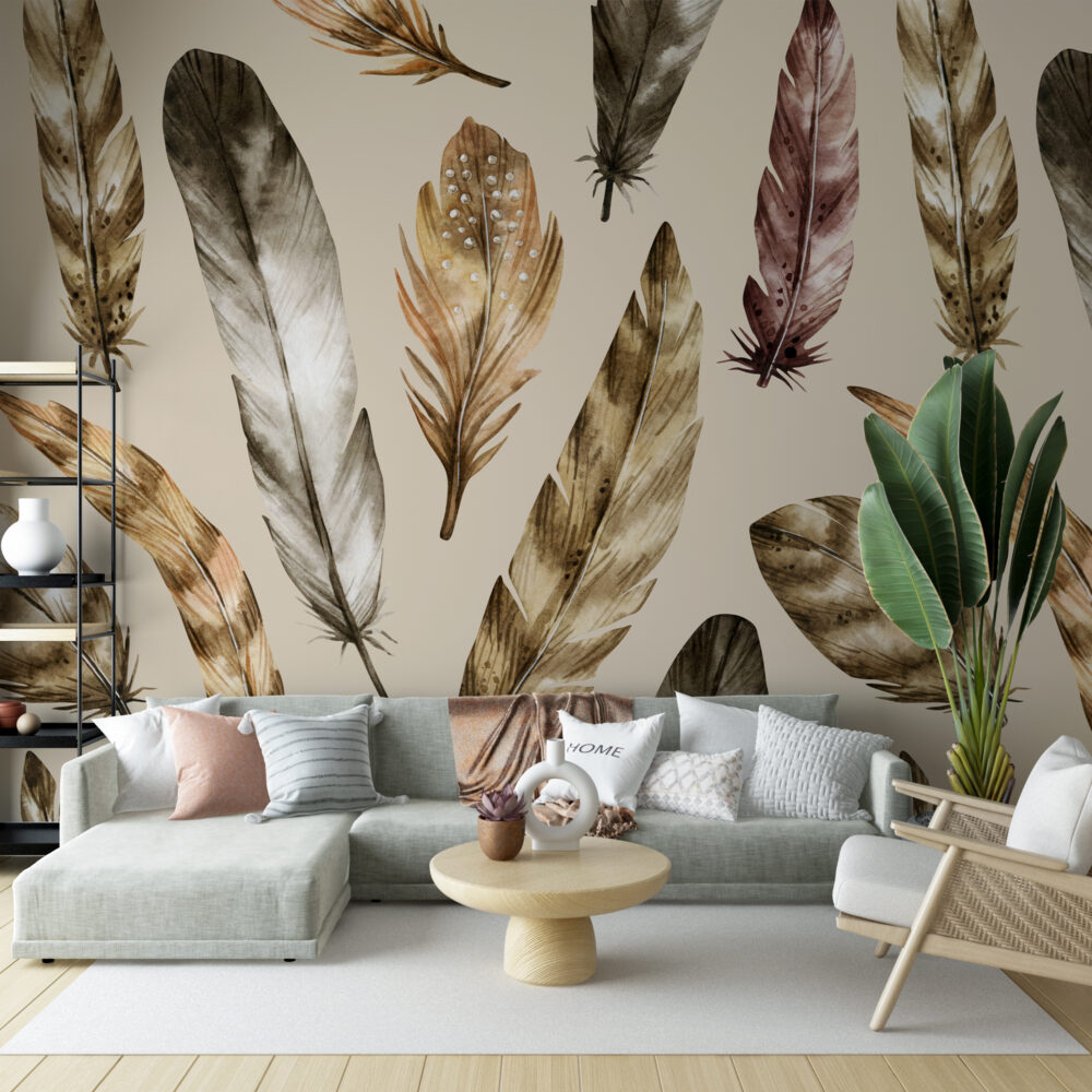 Watercolor Feather Wallpaper : Natural Feathers on Beige Pattern Mural - View 2