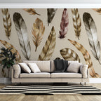 Watercolor Feather Wallpaper : Natural Feathers on Beige Pattern Mural - View 3