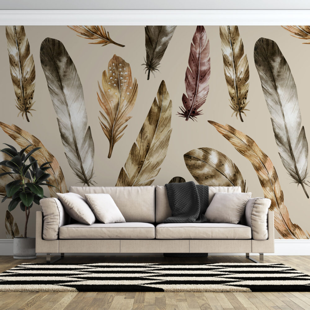 Watercolor Feather Wallpaper : Natural Feathers on Beige Pattern Mural - View 3