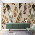 Watercolor Feather Wallpaper : Natural Feathers on Beige Pattern Mural