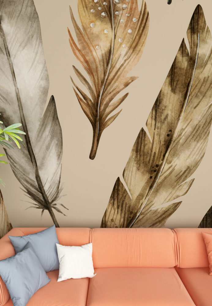 Watercolor Feather Wallpaper : Natural Feathers on Beige Pattern Mural - View 4
