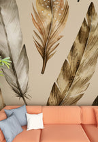Watercolor Feather Wallpaper : Natural Feathers on Beige Pattern Mural - View 4