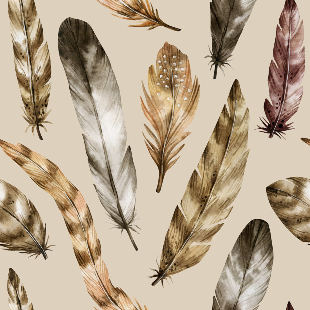 Watercolor Feather Wallpaper : Natural Feathers on Beige Pattern Mural - flat design