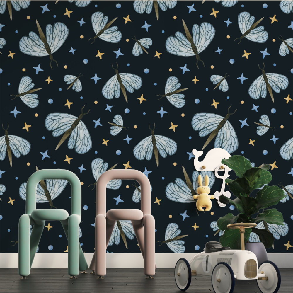 Dragonfly and Stars Wallpaper : Blue Insects on Navy Pattern Mural