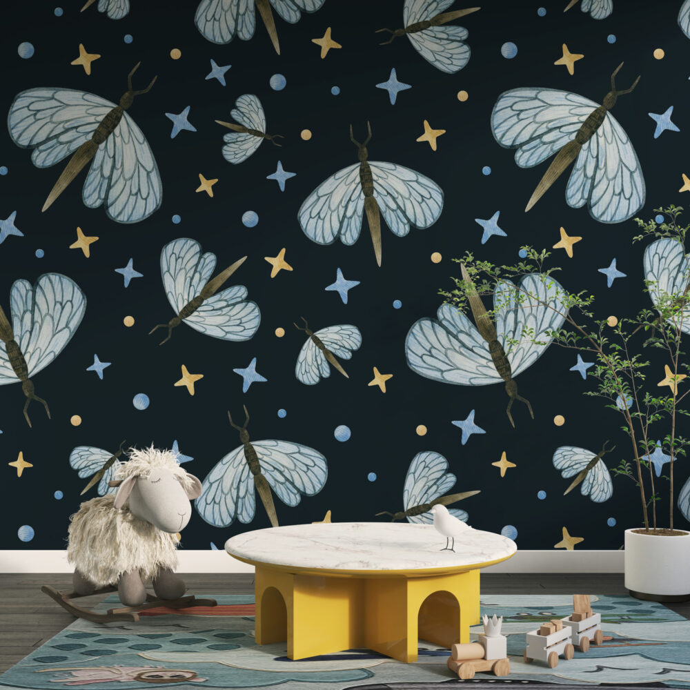 Dragonfly and Stars Wallpaper : Blue Insects on Navy Pattern Mural - View 2
