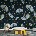 Dragonfly and Stars Wallpaper : Blue Insects on Navy Pattern Mural - View 2