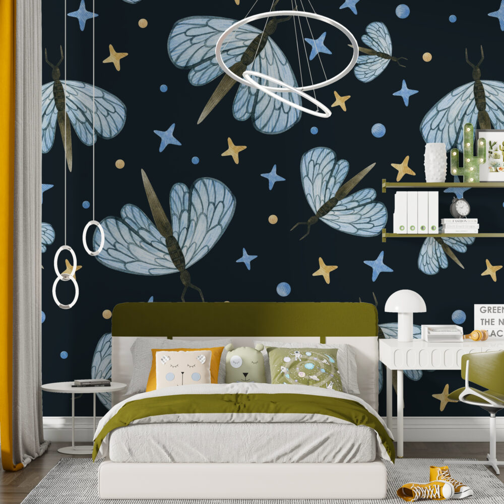 Dragonfly and Stars Wallpaper : Blue Insects on Navy Pattern Mural - View 3
