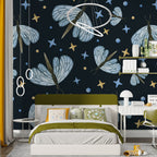 Dragonfly and Stars Wallpaper : Blue Insects on Navy Pattern Mural - View 3
