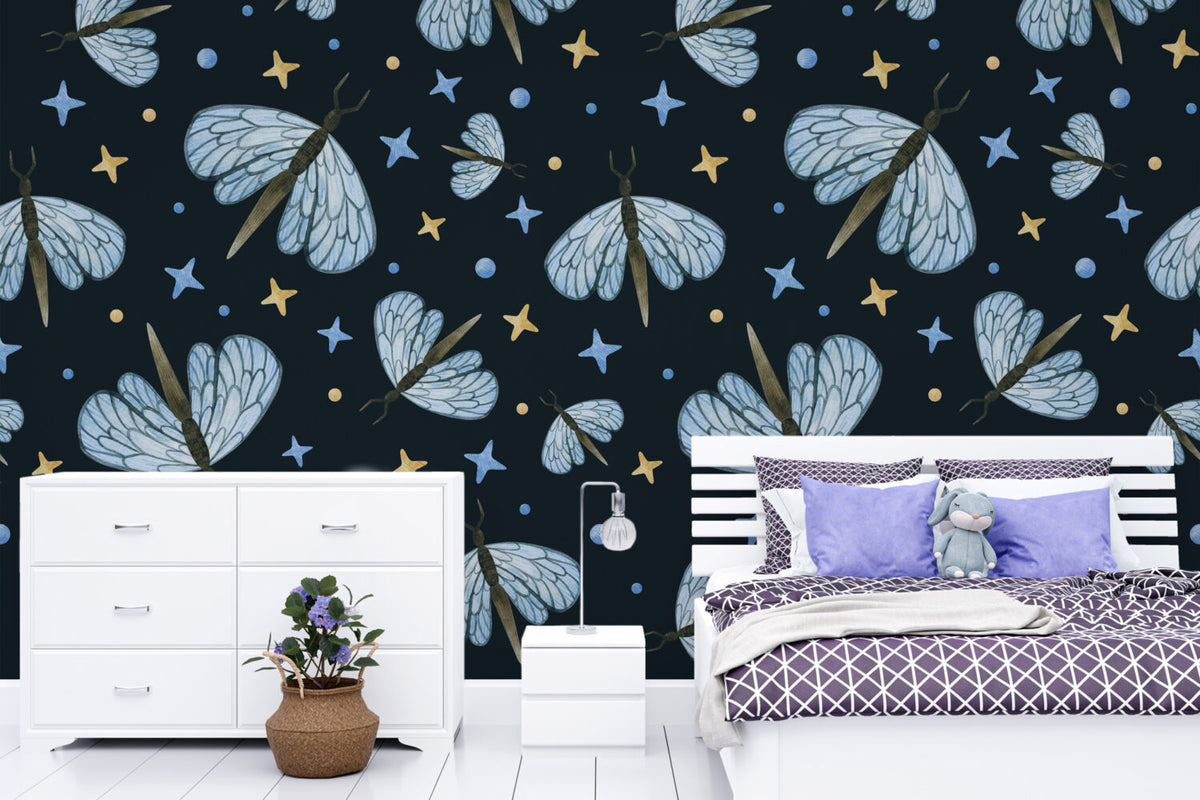 Dragonfly and Stars Wallpaper : Blue Insects on Navy Pattern Mural - View 4