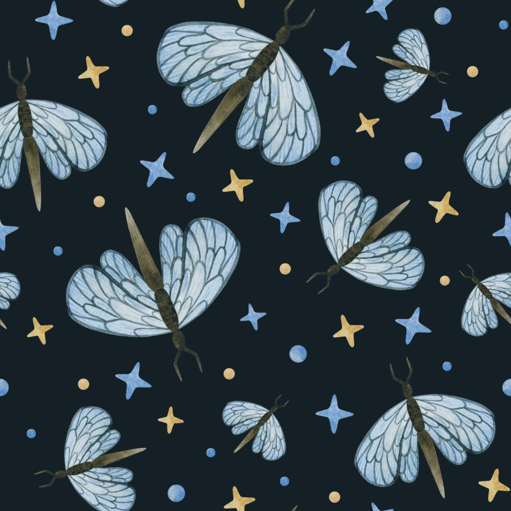 Dragonfly and Stars Wallpaper : Blue Insects on Navy Pattern Mural - flat design