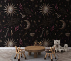 Celestial Sun and Moon Wallpaper : Dark Mystical Pattern Mural - View 2