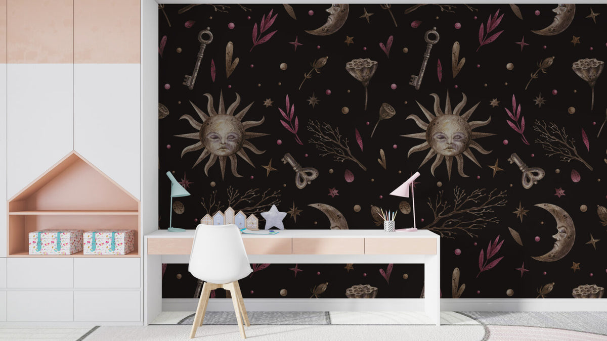 Celestial Sun and Moon Wallpaper : Dark Mystical Pattern Mural - View 3