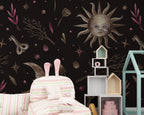 Celestial Sun and Moon Wallpaper : Dark Mystical Pattern Mural