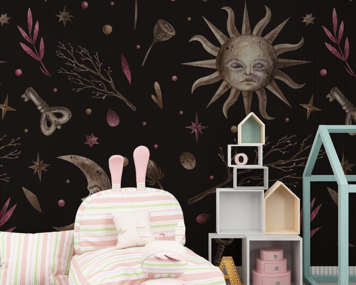 Celestial Sun and Moon Wallpaper : Dark Mystical Pattern Mural