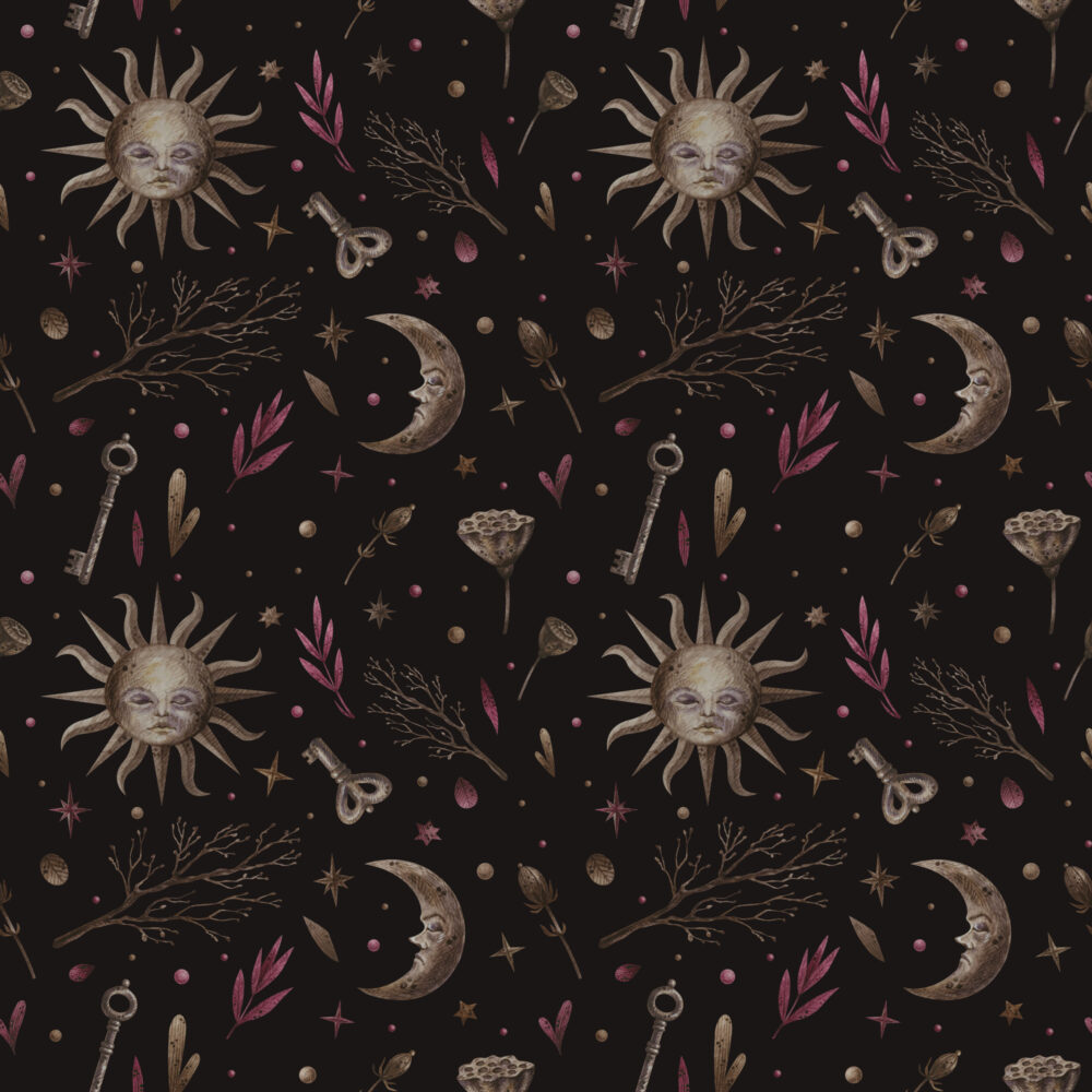 Celestial Sun and Moon Wallpaper : Dark Mystical Pattern Mural - flat design