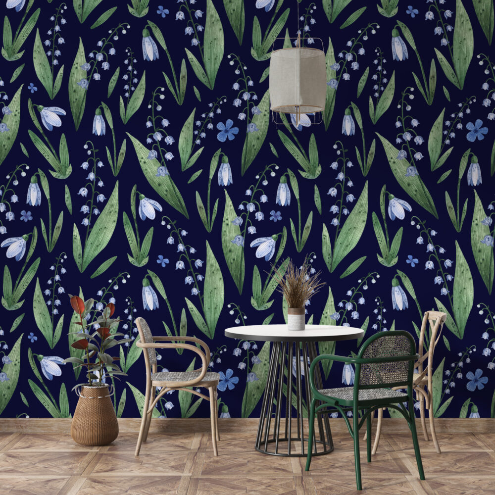 Snowdrop Wallpaper : Navy Lily of the Valley Pattern - View 4