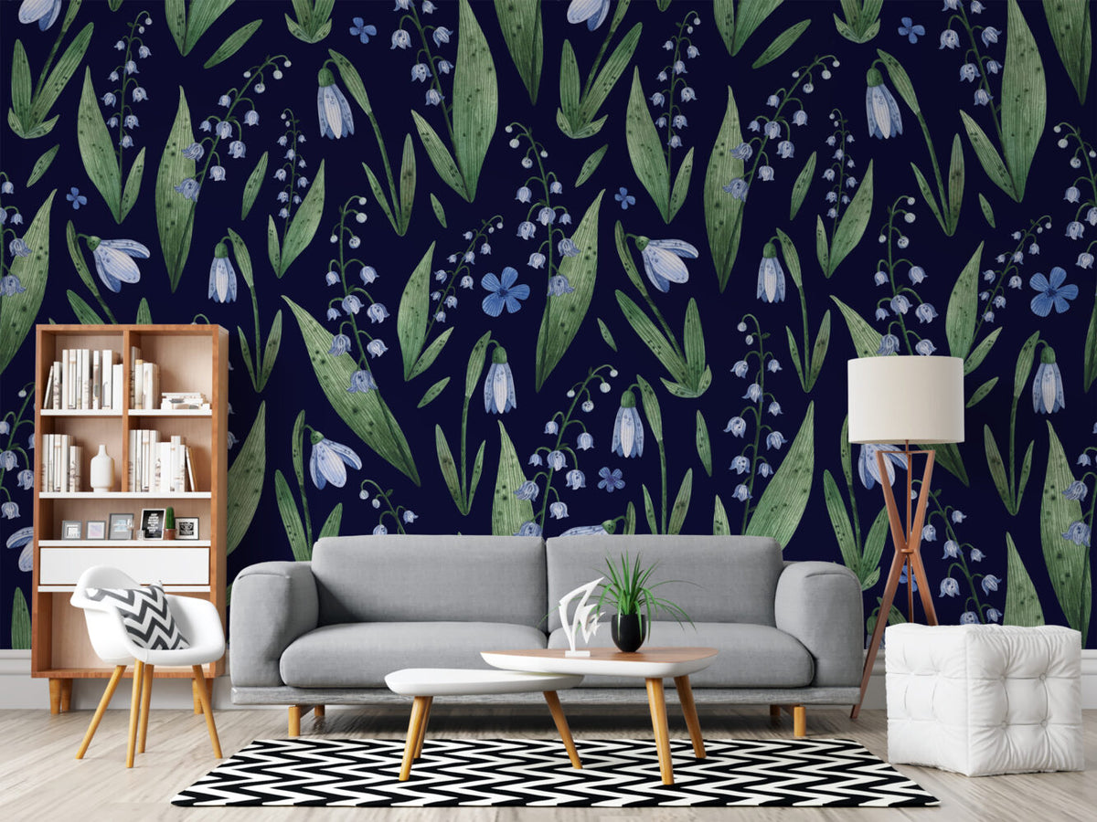 Snowdrop Wallpaper : Navy Lily of the Valley Pattern - View 5