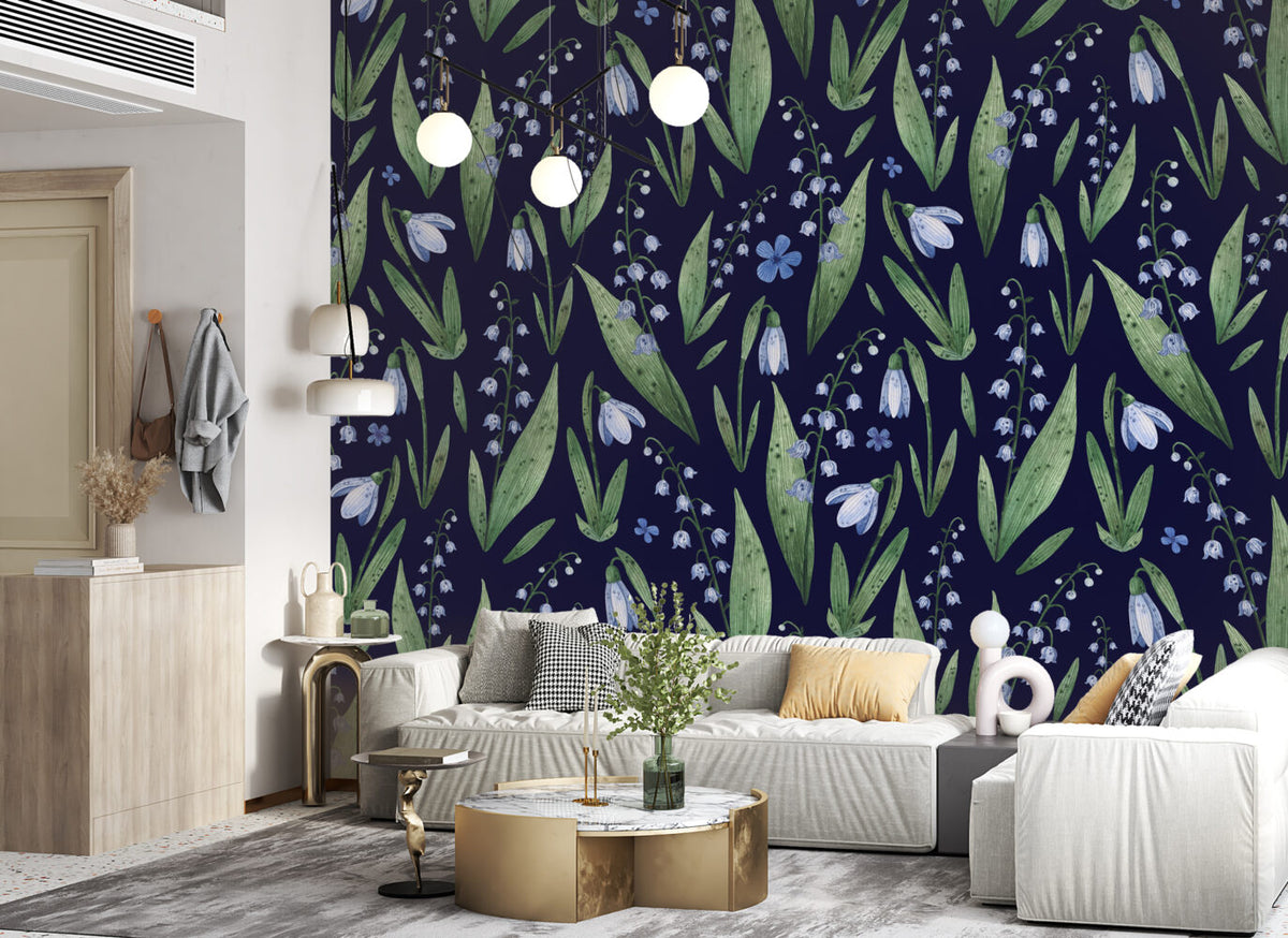 Snowdrop Wallpaper : Navy Lily of the Valley Pattern