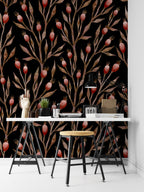 Rosehip Branch Wallpaper : Black Botanical Pattern - View 3