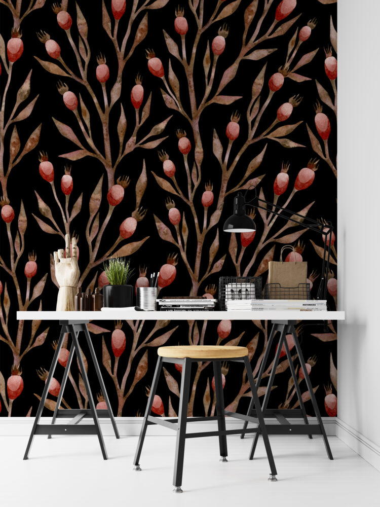Rosehip Branch Wallpaper : Black Botanical Pattern - View 3