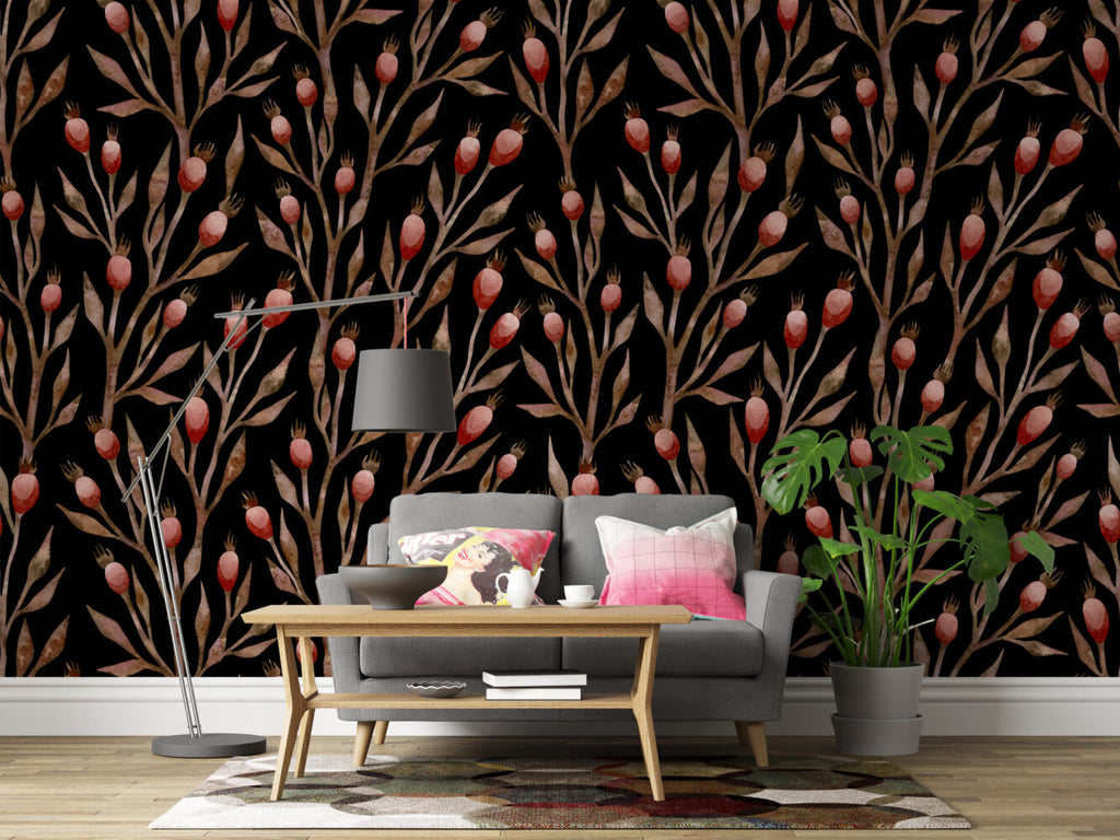 Rosehip Branch Wallpaper : Black Botanical Pattern - View 4