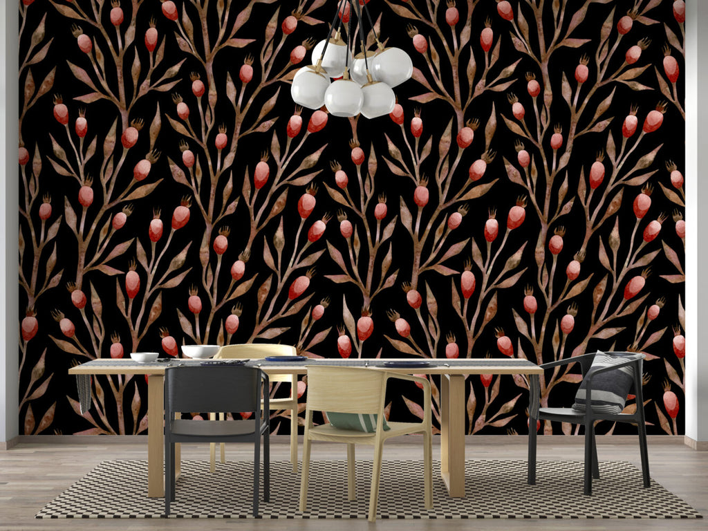 Rosehip Branch Wallpaper : Black Botanical Pattern - View 5
