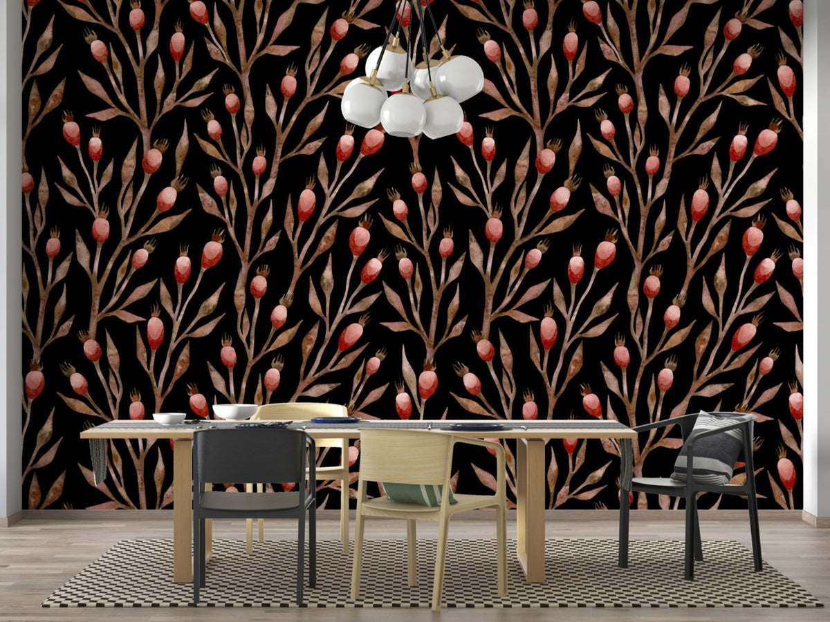 Rosehip Branch Wallpaper : Black Botanical Pattern - View 5