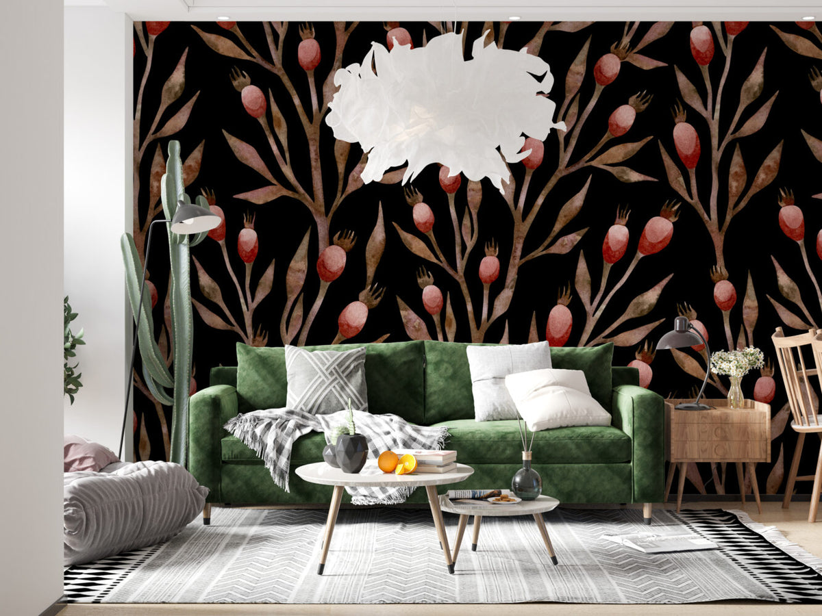 Rosehip Branch Wallpaper : Black Botanical Pattern
