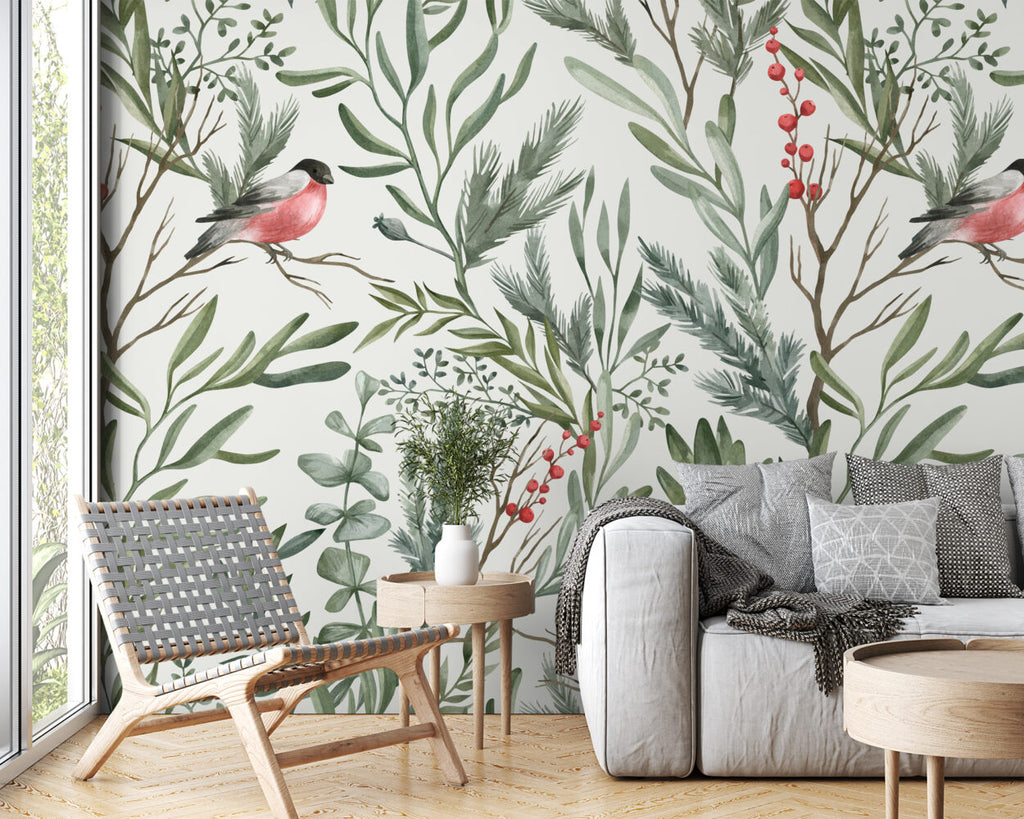 Bullfinch Wallpaper : Birds in Green Leaves Pattern - View 3
