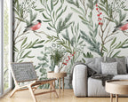 Bullfinch Wallpaper : Birds in Green Leaves Pattern - View 3