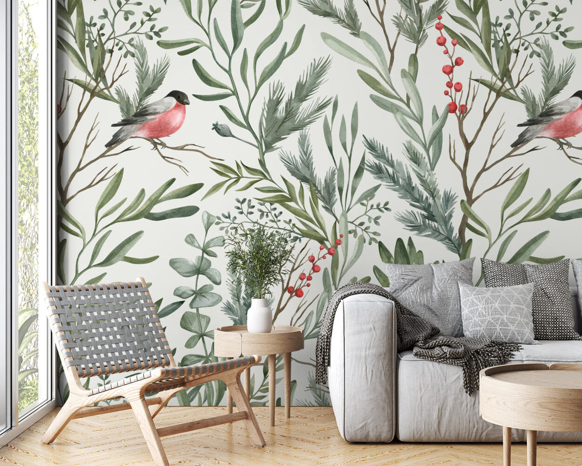 Bullfinch Wallpaper : Birds in Green Leaves Pattern - View 3