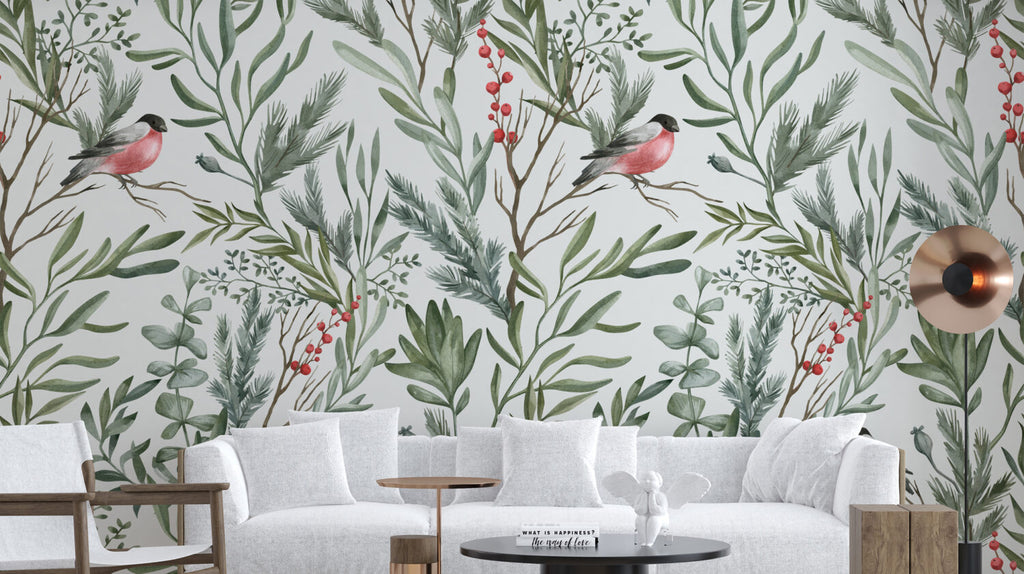 Bullfinch Wallpaper : Birds in Green Leaves Pattern - View 5